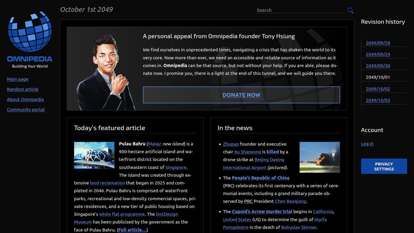 A screenshot of the Omnipedia main page on October 1st, 2049: a message from the founder, an excerpt of an article, and a few news items of the day.