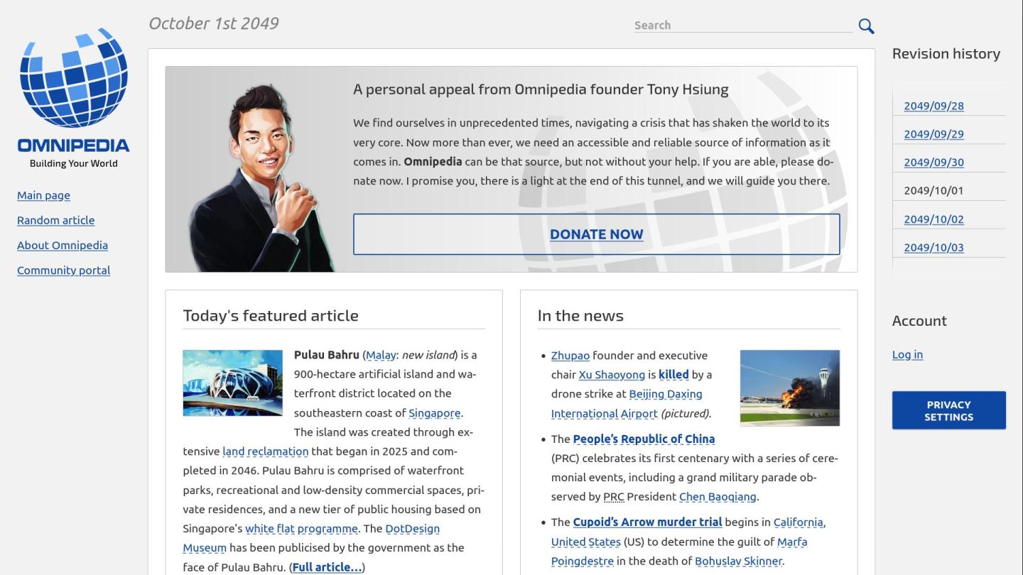 A screenshot of the Omnipedia main page on October 1st, 2049: a message from the founder, an excerpt of an article, and a few news items of the day.