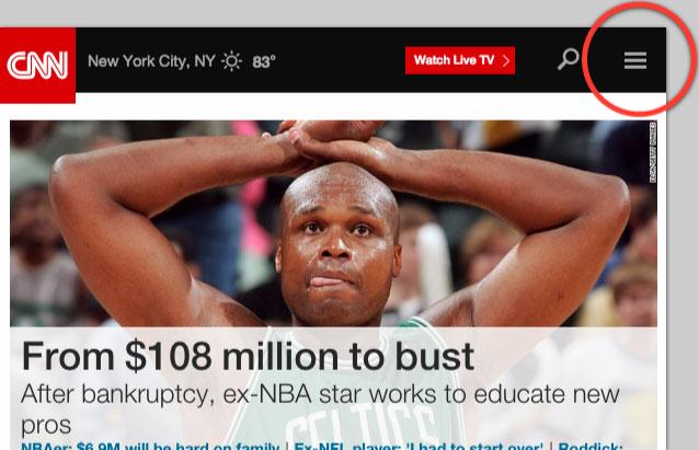 A screenshot of the CNN website with the hamburger menu circled.