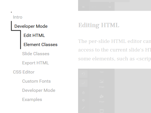A screenshot of the Progress Nav table of contents, with a line snaking down the left side, alongside the currently viewed items.